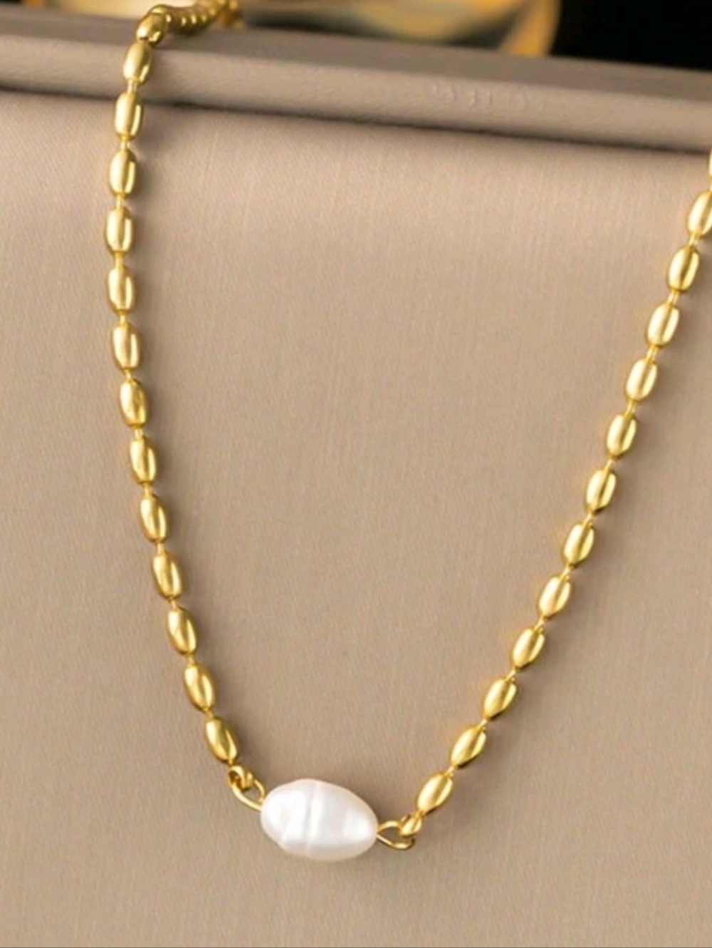 18k gp bean necklace with real freshwater pearl; 15.75" w/a 1.97" extender; nwot - Picture 3 of 10